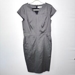 Chetta B Pencil Dress Size 10 Gray Career Business Cap‎ Sleeve V Neck Pockets